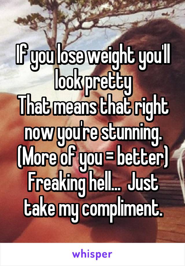 If you lose weight you'll look pretty
That means that right now you're stunning.
(More of you = better)
Freaking hell...  Just take my compliment.