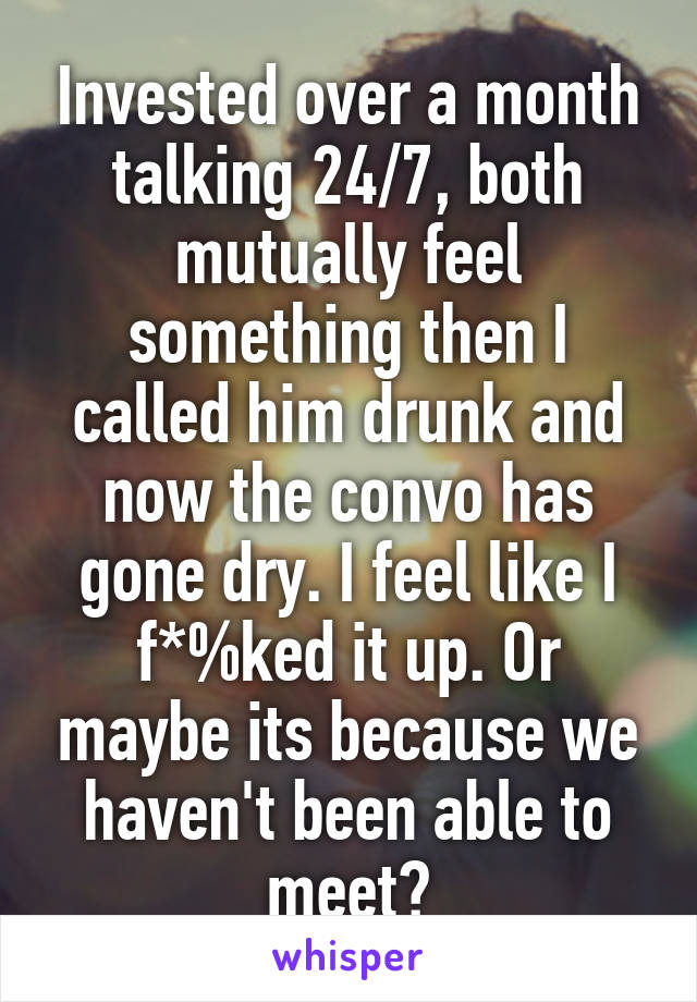 Invested over a month talking 24/7, both mutually feel something then I called him drunk and now the convo has gone dry. I feel like I f*%ked it up. Or maybe its because we haven't been able to meet?