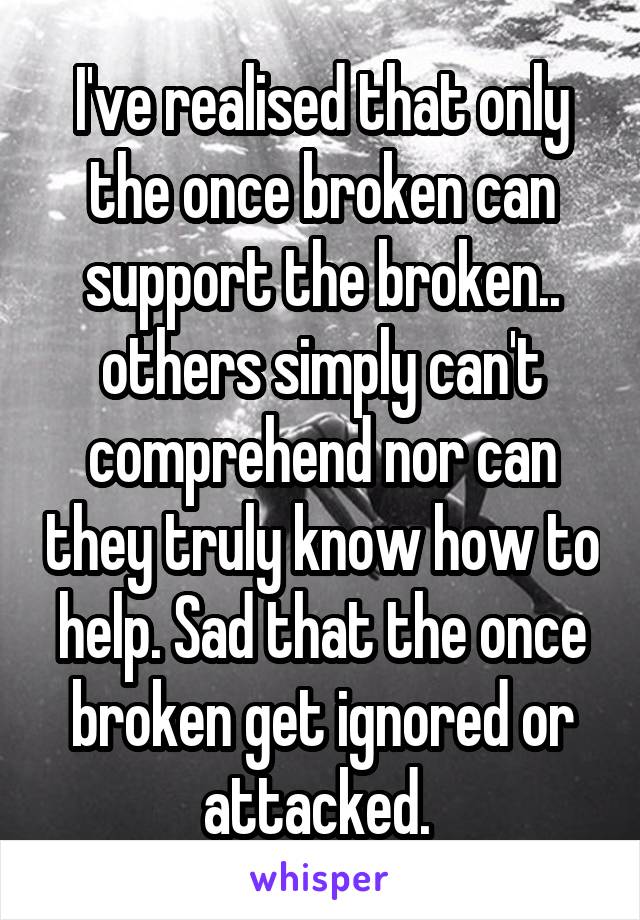 I've realised that only the once broken can support the broken.. others simply can't comprehend nor can they truly know how to help. Sad that the once broken get ignored or attacked. 