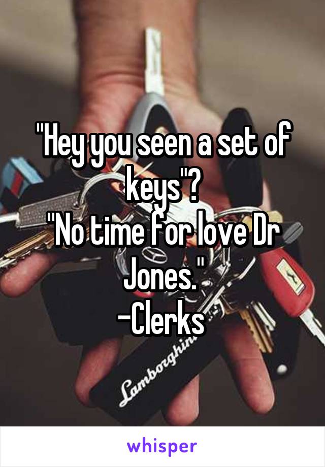 "Hey you seen a set of keys"?
"No time for love Dr Jones."
-Clerks 