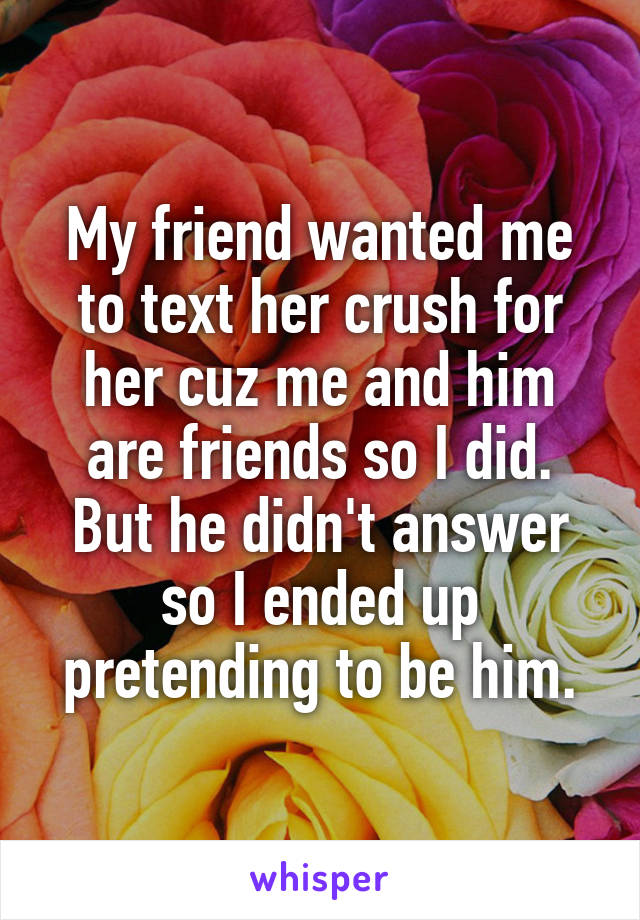 My friend wanted me to text her crush for her cuz me and him are friends so I did. But he didn't answer so I ended up pretending to be him.