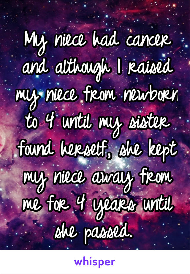 My niece had cancer and although I raised my niece from newborn to 4 until my sister found herself, she kept my niece away from me for 4 years until she passed. 