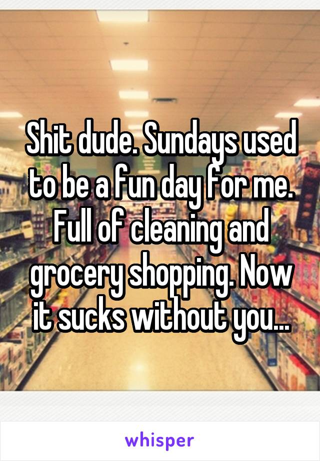 Shit dude. Sundays used to be a fun day for me. Full of cleaning and grocery shopping. Now it sucks without you...