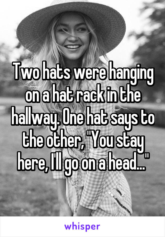 Two hats were hanging on a hat rack in the hallway. One hat says to the other, "You stay here, I'll go on a head..."