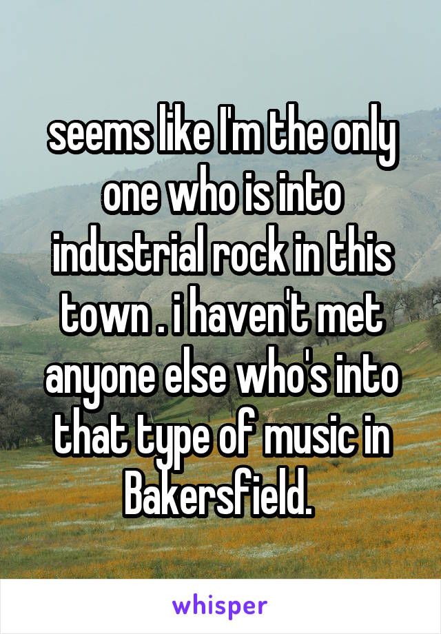 seems like I'm the only one who is into industrial rock in this town . i haven't met anyone else who's into that type of music in Bakersfield. 