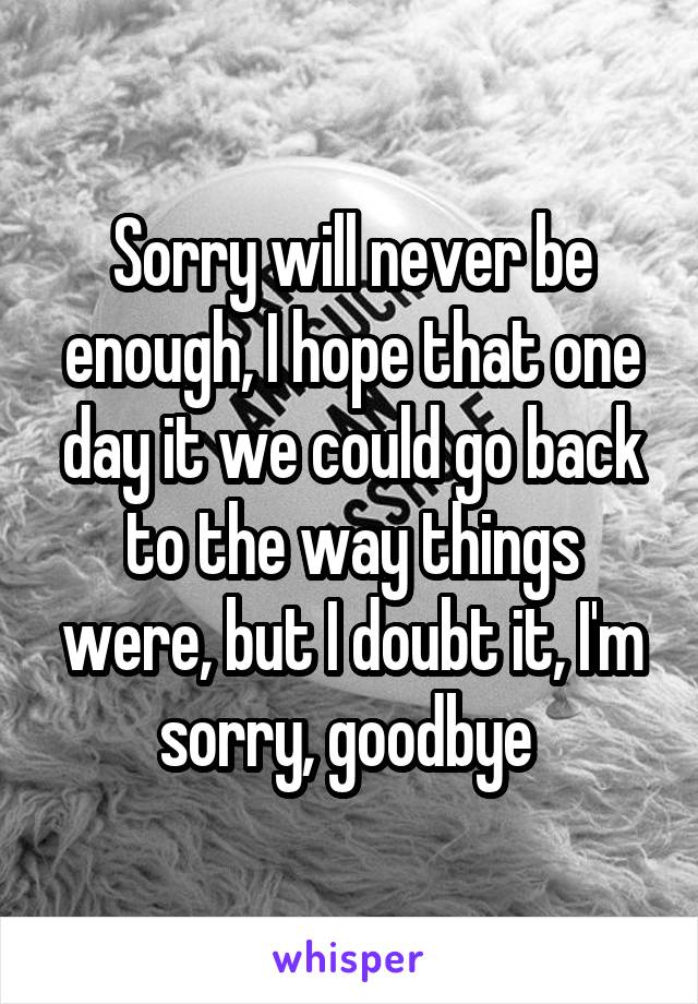 Sorry will never be enough, I hope that one day it we could go back to the way things were, but I doubt it, I'm sorry, goodbye 