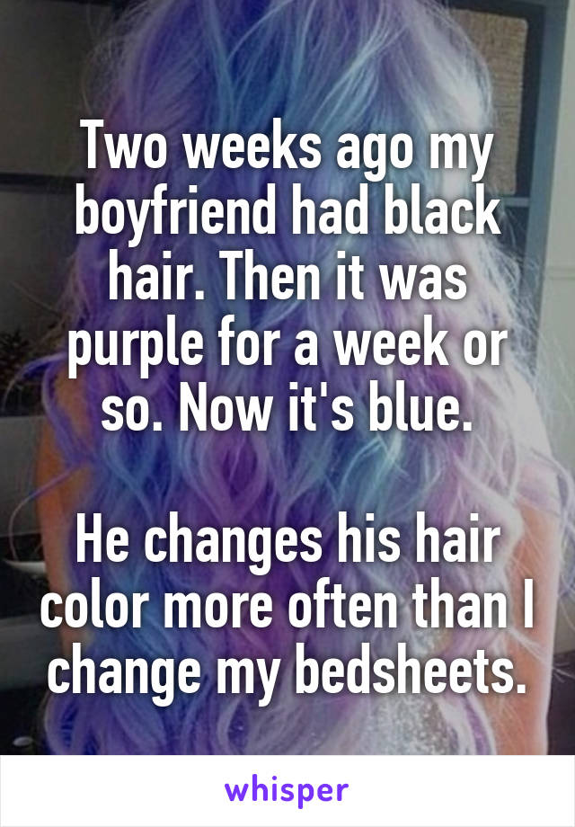 Two weeks ago my boyfriend had black hair. Then it was purple for a week or so. Now it's blue.

He changes his hair color more often than I change my bedsheets.