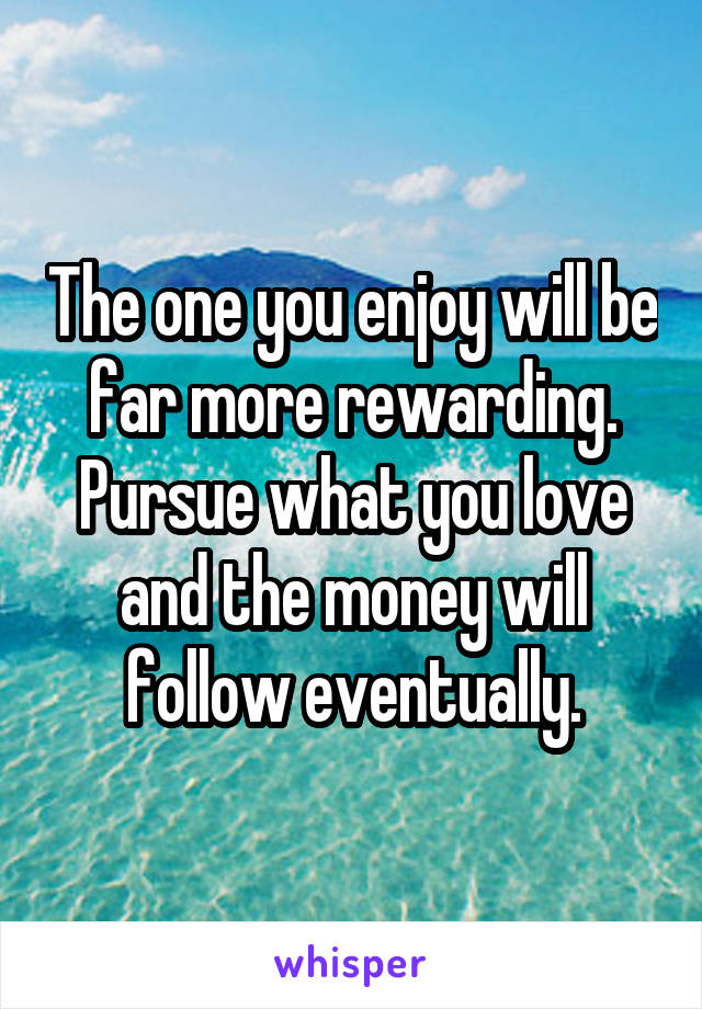 The one you enjoy will be far more rewarding. Pursue what you love and the money will follow eventually.