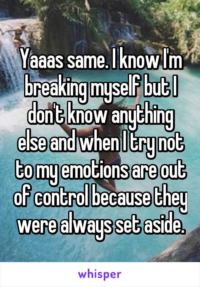 Yaaas same. I know I'm breaking myself but I don't know anything else and when I try not to my emotions are out of control because they were always set aside.