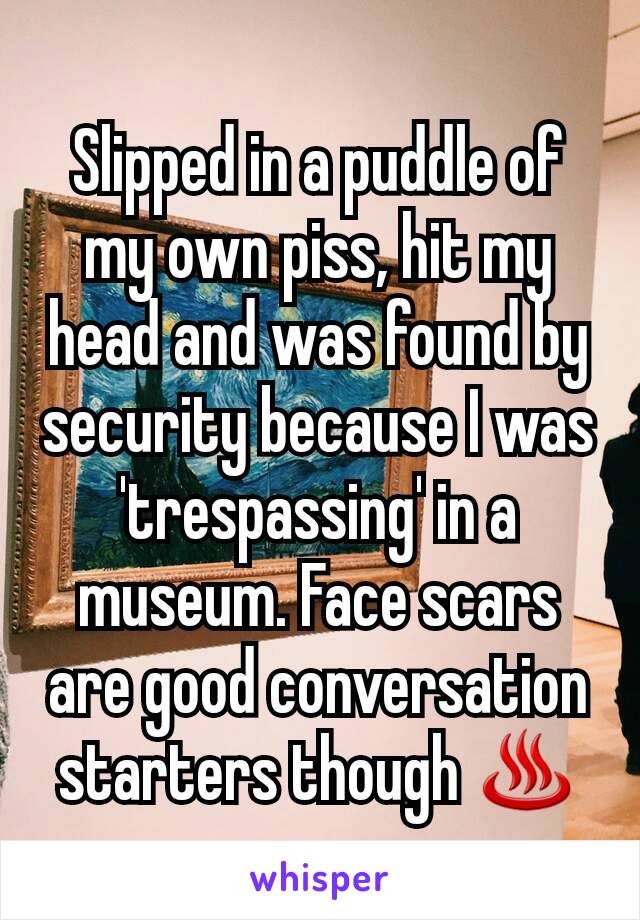 Slipped in a puddle of my own piss, hit my head and was found by security because I was 'trespassing' in a museum. Face scars are good conversation starters though ♨