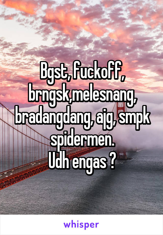 Bgst, fuckoff, brngsk,melesnang, bradangdang, ajg, smpk spidermen.
Udh engas ?