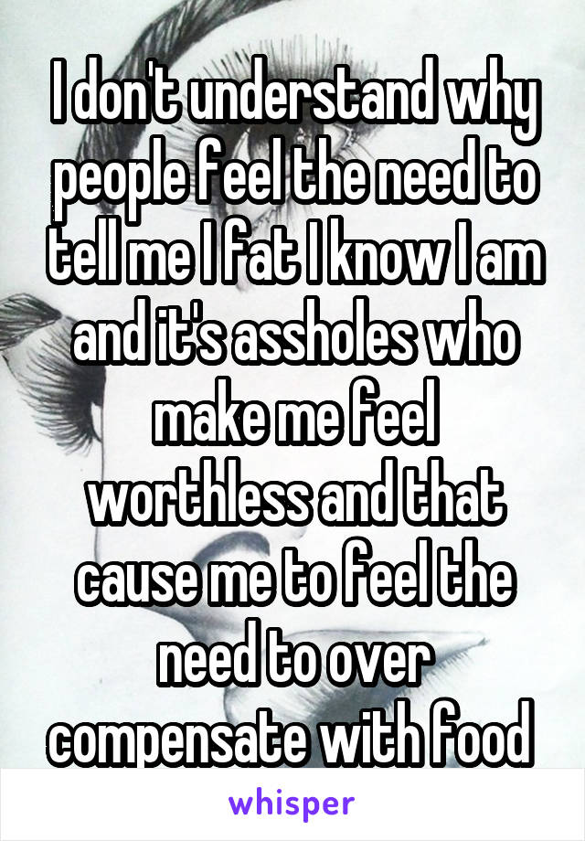 I don't understand why people feel the need to tell me I fat I know I am and it's assholes who make me feel worthless and that cause me to feel the need to over compensate with food 