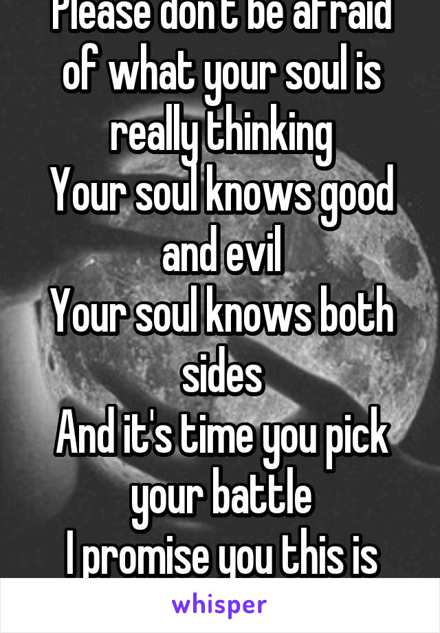 Please don't be afraid of what your soul is really thinking
Your soul knows good and evil
Your soul knows both sides
And it's time you pick your battle
I promise you this is mine