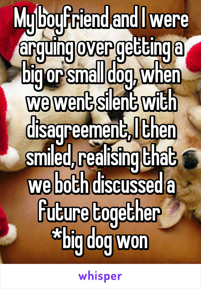 My boyfriend and I were arguing over getting a big or small dog, when we went silent with disagreement, I then smiled, realising that we both discussed a future together 
*big dog won 
