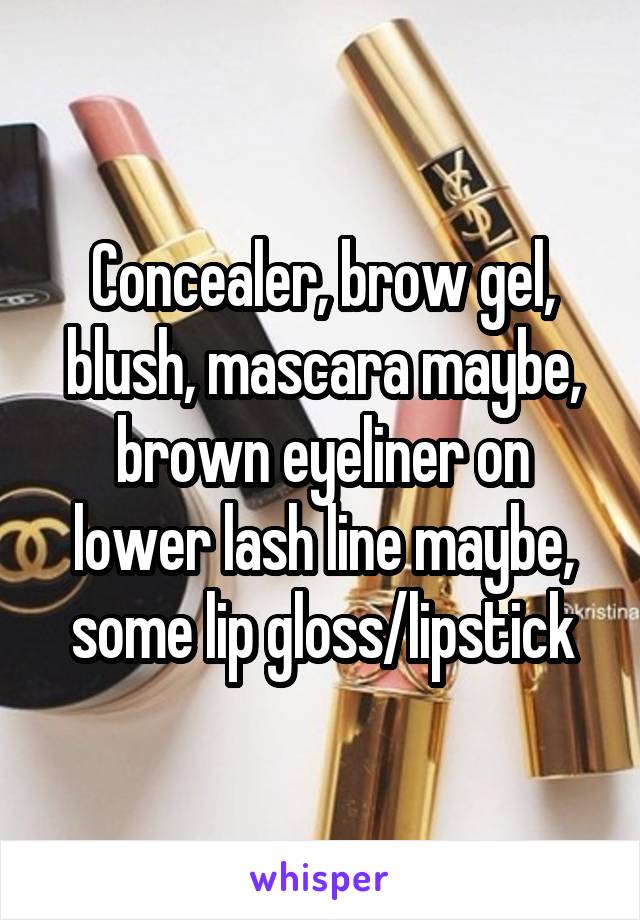 Concealer, brow gel, blush, mascara maybe, brown eyeliner on lower lash line maybe, some lip gloss/lipstick