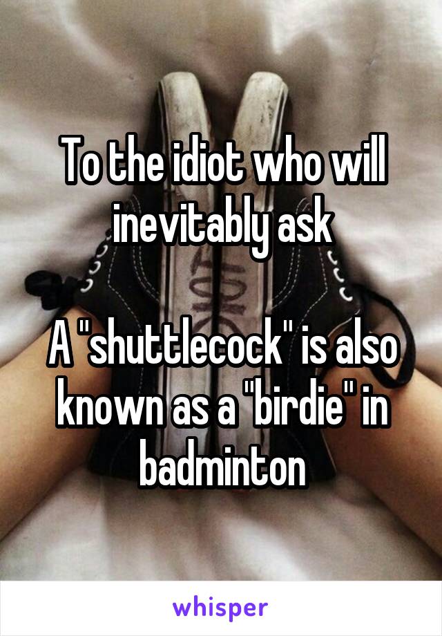 To the idiot who will inevitably ask

A "shuttlecock" is also known as a "birdie" in badminton