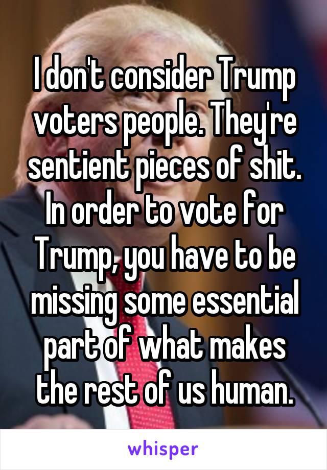 I don't consider Trump voters people. They're sentient pieces of shit. In order to vote for Trump, you have to be missing some essential part of what makes the rest of us human.