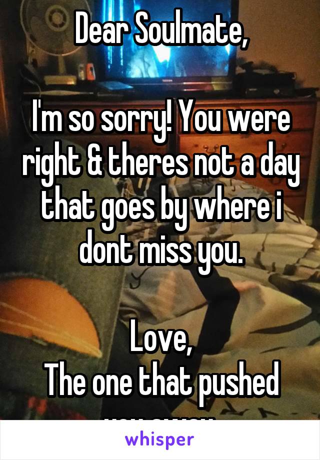 Dear Soulmate,

I'm so sorry! You were right & theres not a day that goes by where i dont miss you.

Love,
The one that pushed you away.