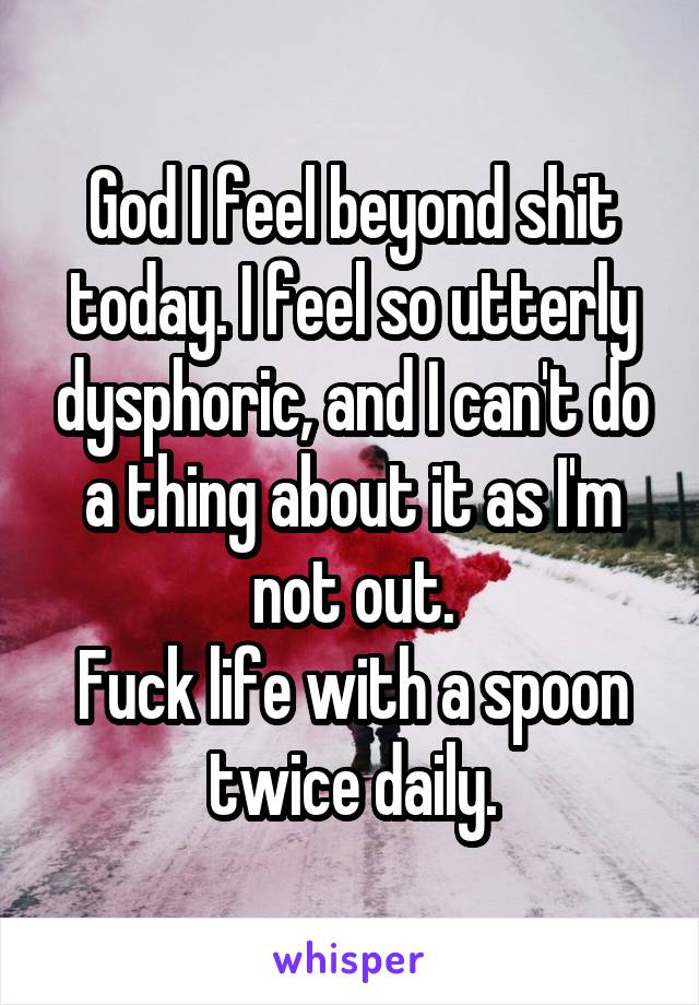 God I feel beyond shit today. I feel so utterly dysphoric, and I can't do a thing about it as I'm not out.
Fuck life with a spoon twice daily.
