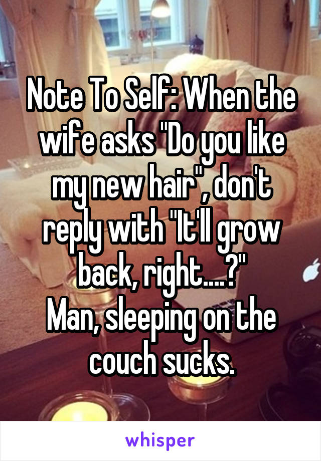Note To Self: When the wife asks "Do you like my new hair", don't reply with "It'll grow back, right....?"
Man, sleeping on the couch sucks.
