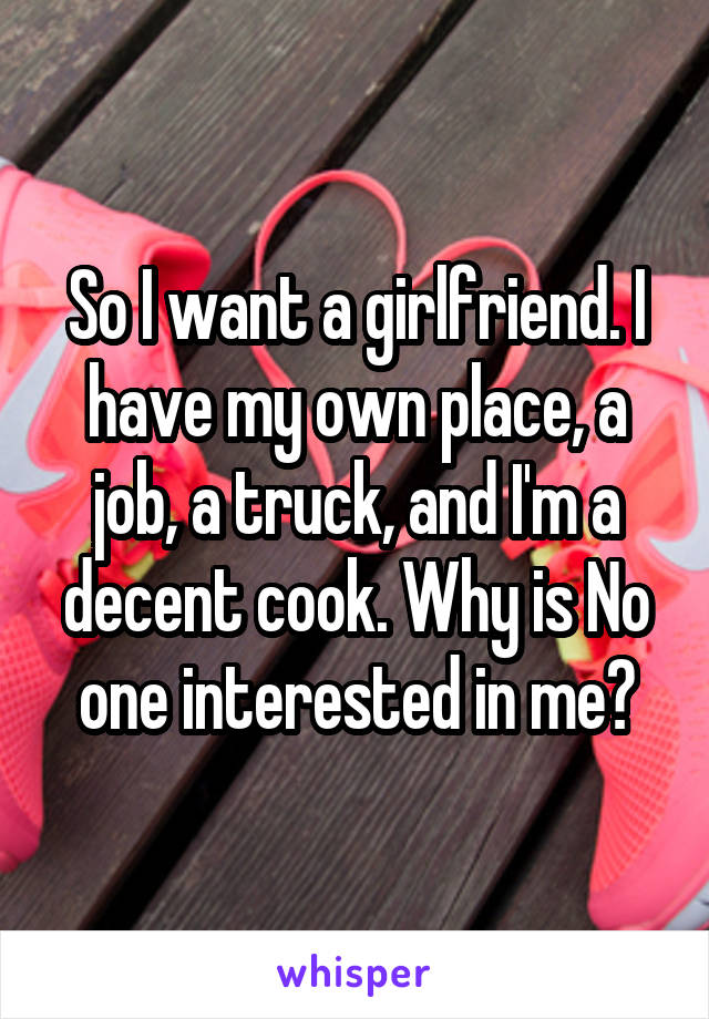 So I want a girlfriend. I have my own place, a job, a truck, and I'm a decent cook. Why is No one interested in me?