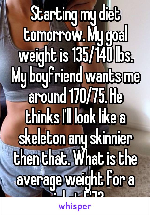 Starting my diet tomorrow. My goal weight is 135/140 lbs. My boyfriend wants me around 170/75. He thinks I'll look like a skeleton any skinnier then that. What is the average weight for a girl at 5'7?