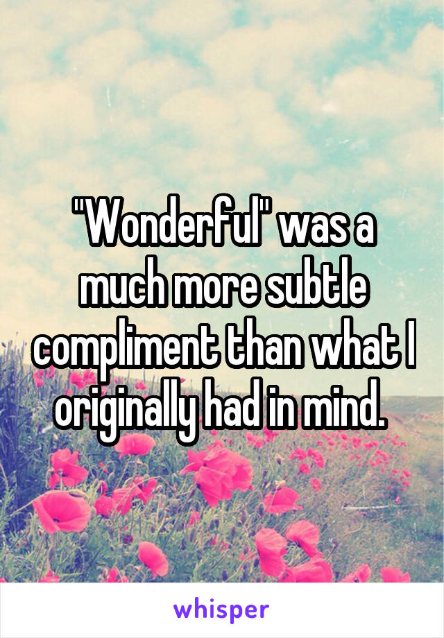 "Wonderful" was a much more subtle compliment than what I originally had in mind. 