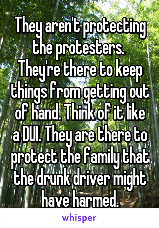 They aren't protecting the protesters.  They're there to keep things from getting out of hand. Think of it like a DUI. They are there to protect the family that the drunk driver might have harmed.