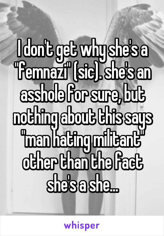 I don't get why she's a "femnazi" (sic). she's an asshole for sure, but nothing about this says "man hating militant" other than the fact she's a she...