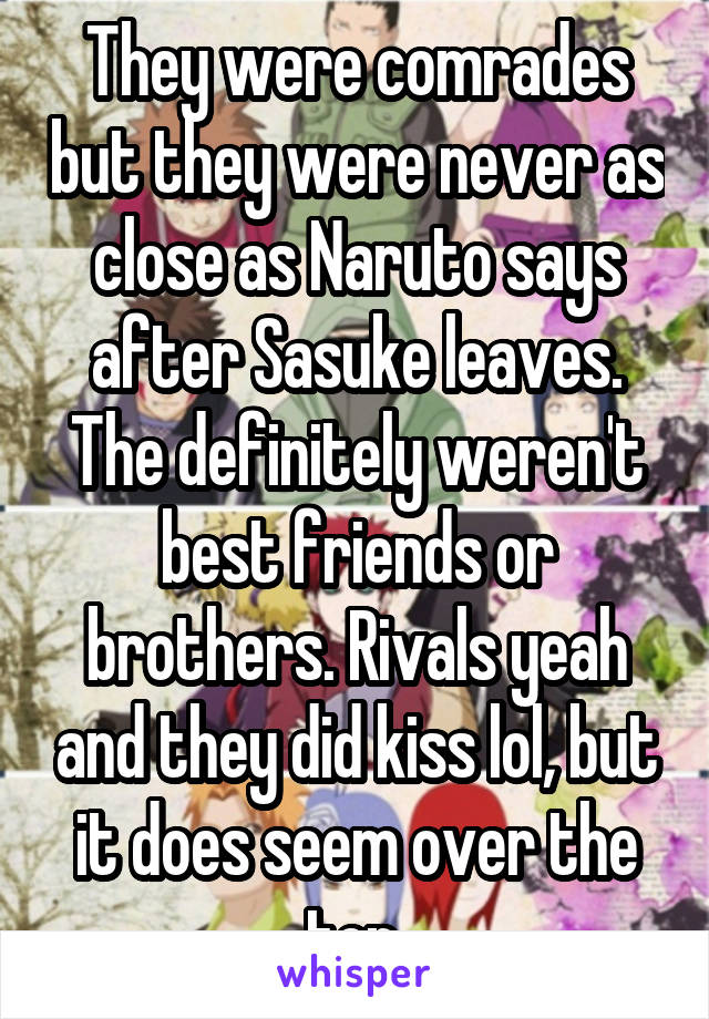 They were comrades but they were never as close as Naruto says after Sasuke leaves. The definitely weren't best friends or brothers. Rivals yeah and they did kiss lol, but it does seem over the top.