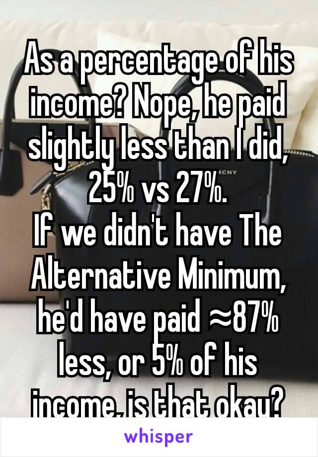 As a percentage of his income? Nope, he paid slightly less than I did, 25% vs 27%.
If we didn't have The Alternative Minimum, he'd have paid ≈87% less, or 5% of his income, is that okay?