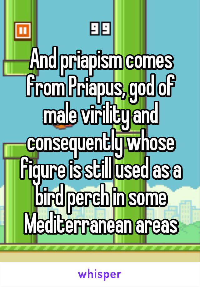 And priapism comes from Priapus, god of male virility and consequently whose figure is still used as a bird perch in some Mediterranean areas