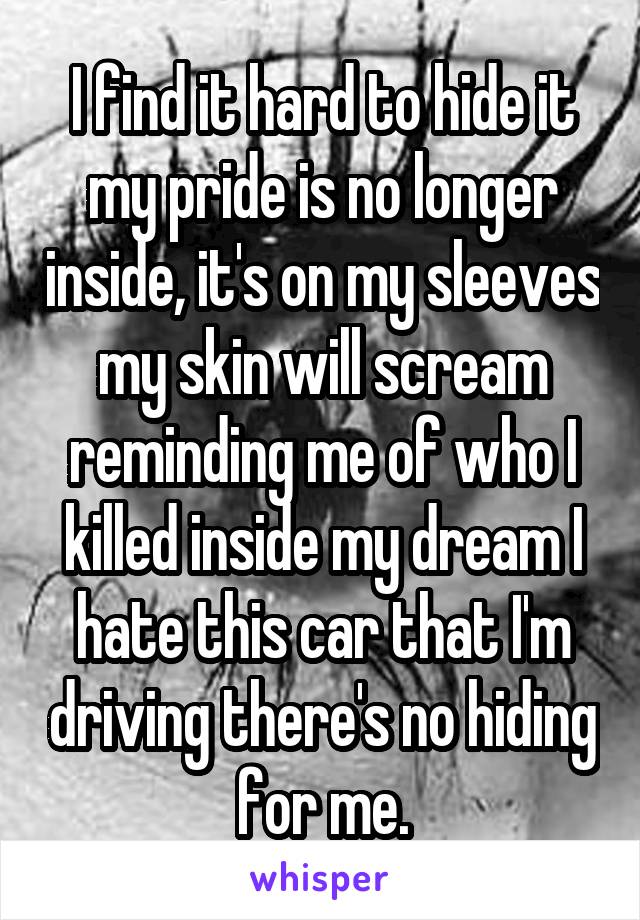 I find it hard to hide it my pride is no longer inside, it's on my sleeves my skin will scream reminding me of who I killed inside my dream I hate this car that I'm driving there's no hiding for me.