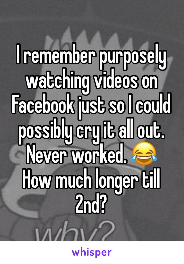 I remember purposely watching videos on Facebook just so I could possibly cry it all out. Never worked. 😂
How much longer till 2nd?