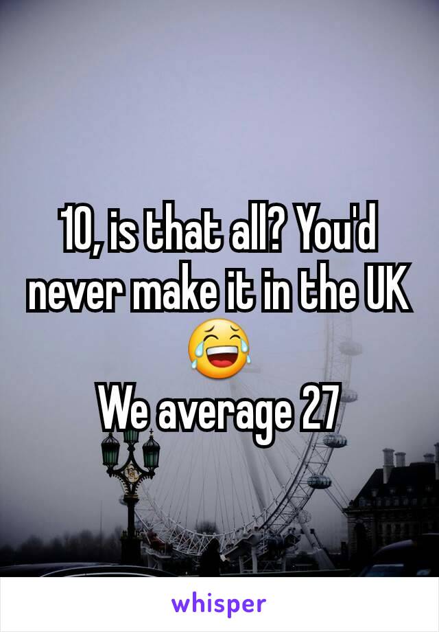 10, is that all? You'd never make it in the UK 😂
We average 27