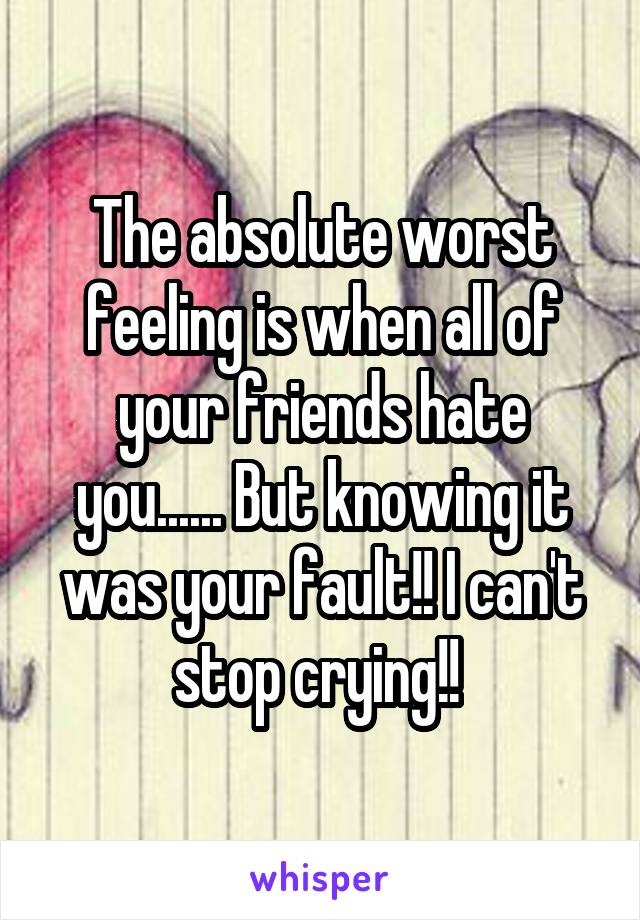 The absolute worst feeling is when all of your friends hate you...... But knowing it was your fault!! I can't stop crying!! 