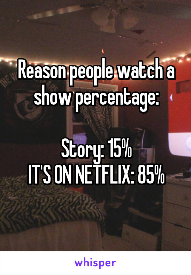 Reason people watch a show percentage:

Story: 15%
IT'S ON NETFLIX: 85%
