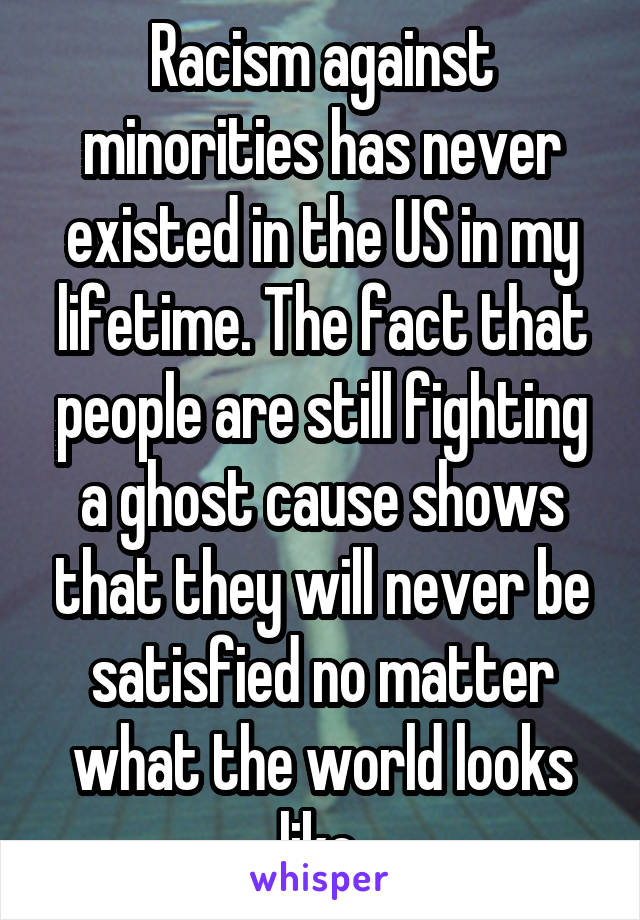 Racism against minorities has never existed in the US in my lifetime. The fact that people are still fighting a ghost cause shows that they will never be satisfied no matter what the world looks like.