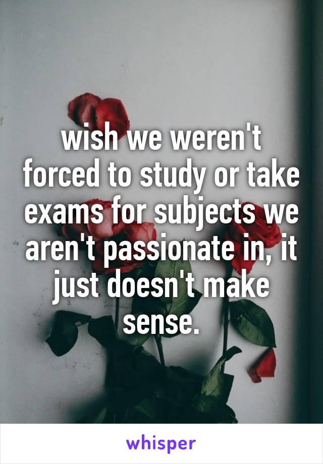 wish we weren't forced to study or take exams for subjects we aren't passionate in, it just doesn't make sense.