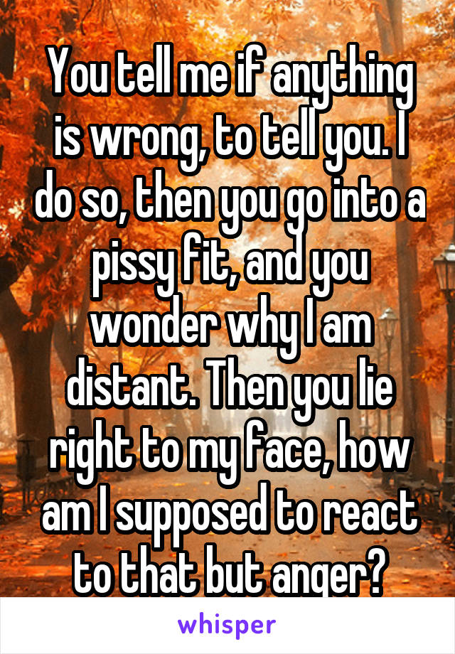 You tell me if anything is wrong, to tell you. I do so, then you go into a pissy fit, and you wonder why I am distant. Then you lie right to my face, how am I supposed to react to that but anger?