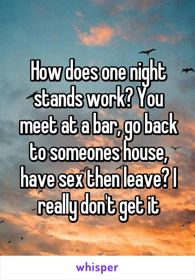 How does one night stands work? You meet at a bar, go back to someones house, have sex then leave? I really don't get it