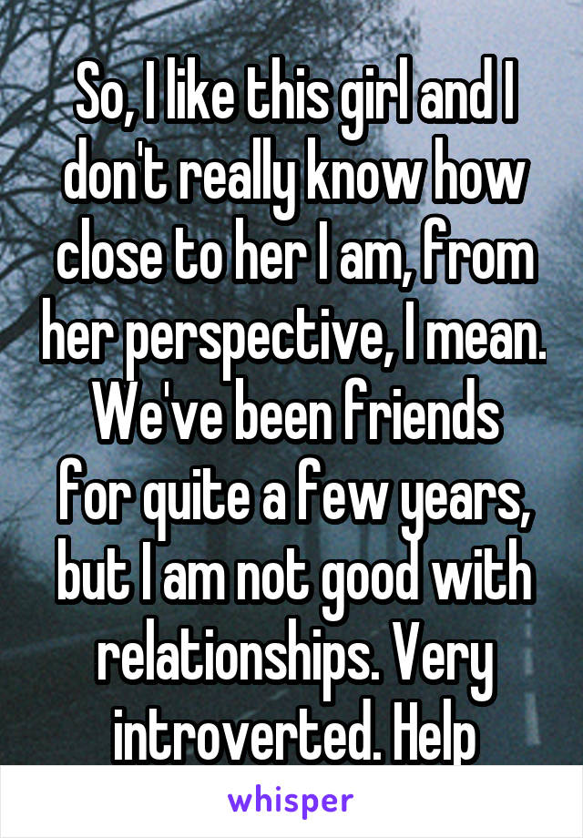 So, I like this girl and I don't really know how close to her I am, from her perspective, I mean.
We've been friends for quite a few years, but I am not good with relationships. Very introverted. Help