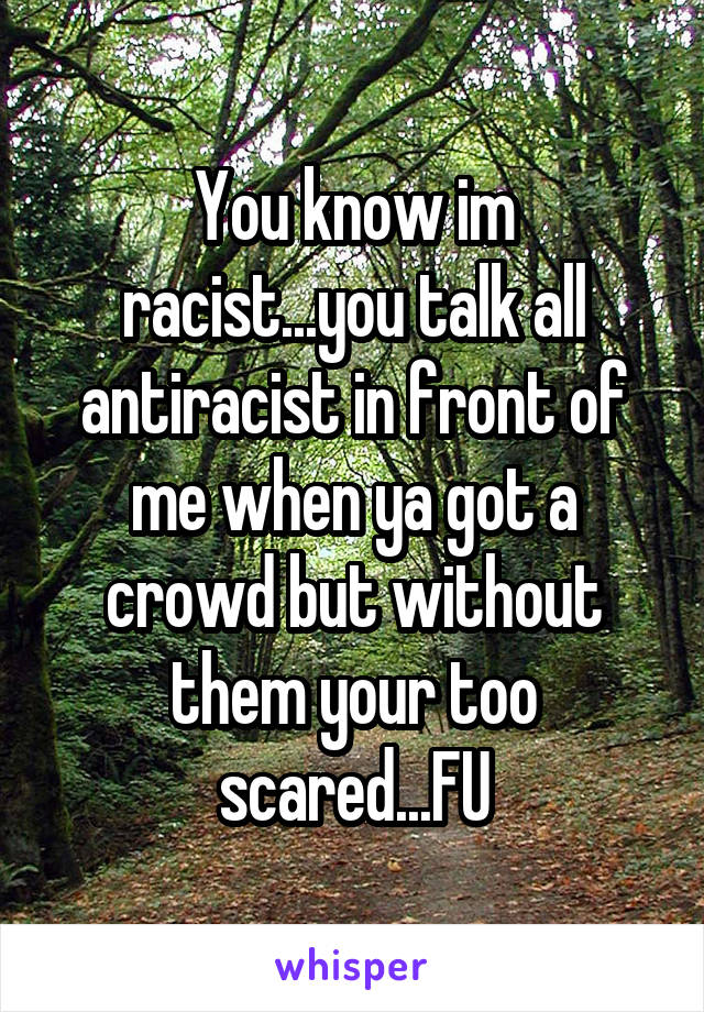 You know im racist...you talk all antiracist in front of me when ya got a crowd but without them your too scared...FU