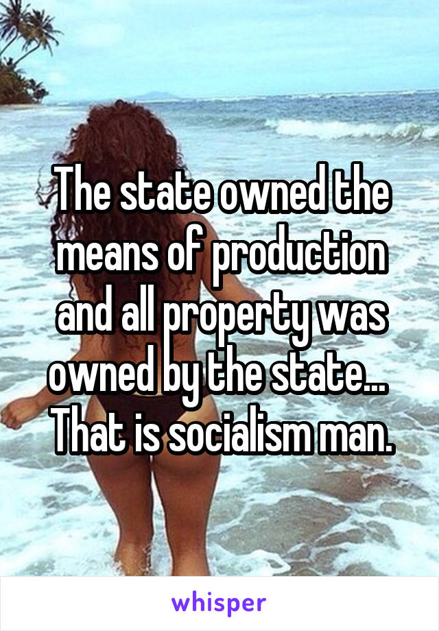 The state owned the means of production and all property was owned by the state...  That is socialism man.