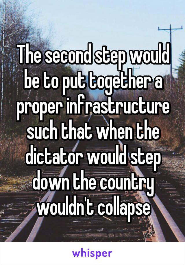 The second step would be to put together a proper infrastructure such that when the dictator would step down the country wouldn't collapse