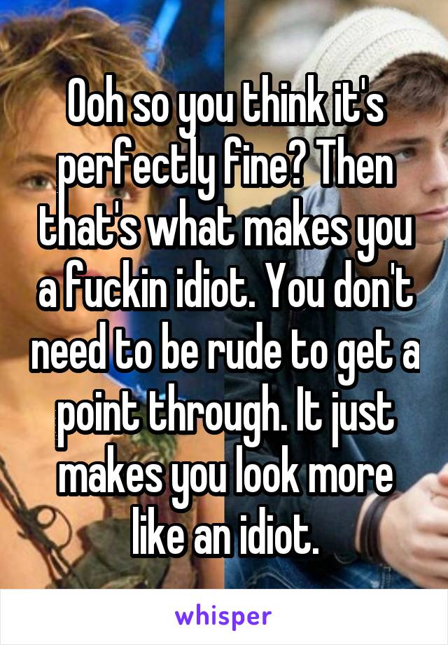 Ooh so you think it's perfectly fine? Then that's what makes you a fuckin idiot. You don't need to be rude to get a point through. It just makes you look more like an idiot.