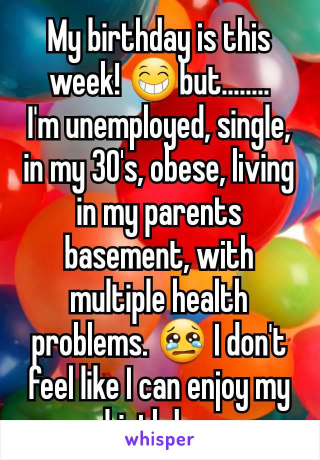 My birthday is this week! 😁but........
I'm unemployed, single, in my 30's, obese, living in my parents basement, with multiple health problems. 😢 I don't feel like I can enjoy my birthday.