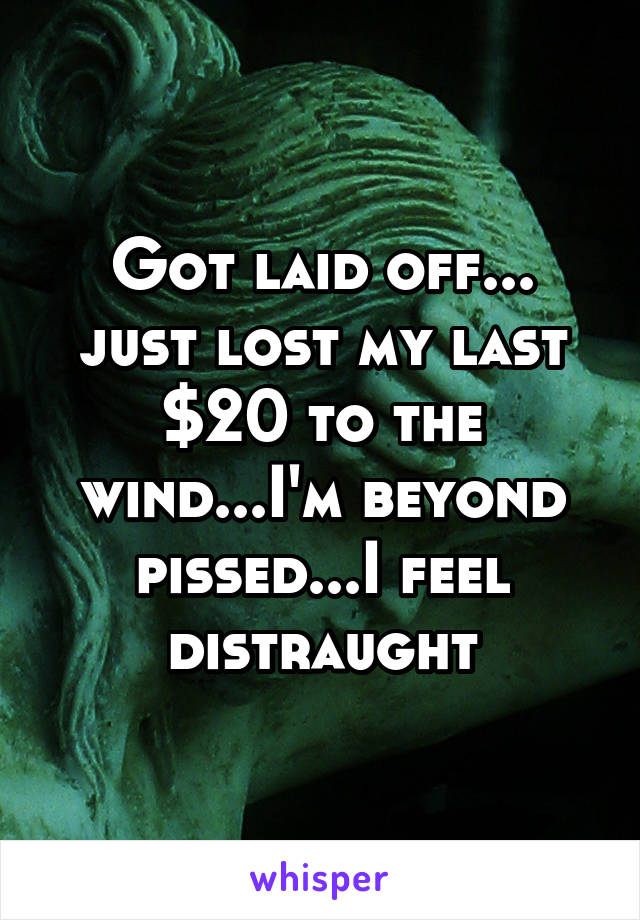 Got laid off... just lost my last $20 to the wind...I'm beyond pissed...I feel distraught
