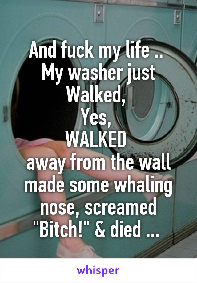 And fuck my life .. 
My washer just Walked, 
Yes, 
WALKED 
away from the wall made some whaling nose, screamed "Bitch!" & died ... 