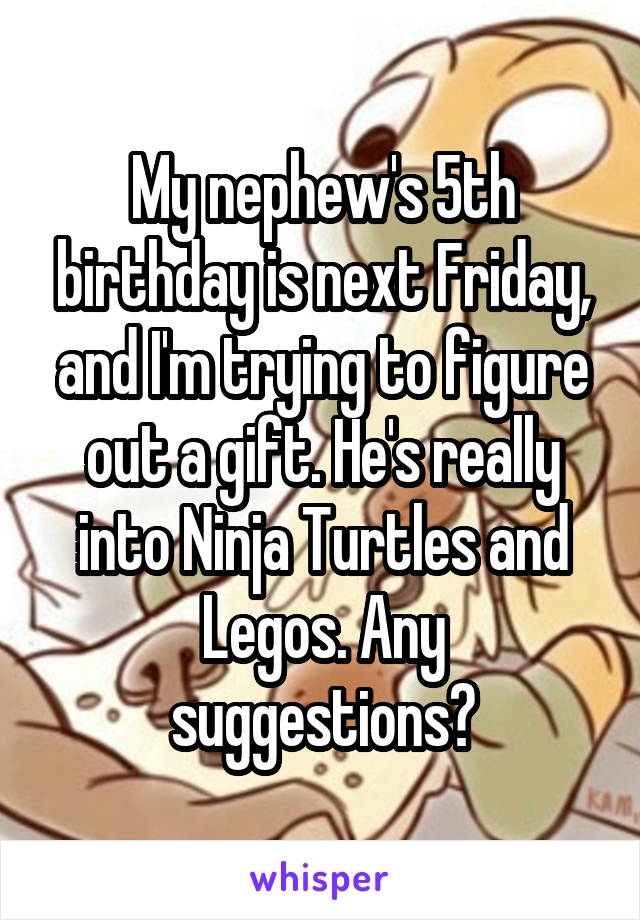 My nephew's 5th birthday is next Friday, and I'm trying to figure out a gift. He's really into Ninja Turtles and Legos. Any suggestions?